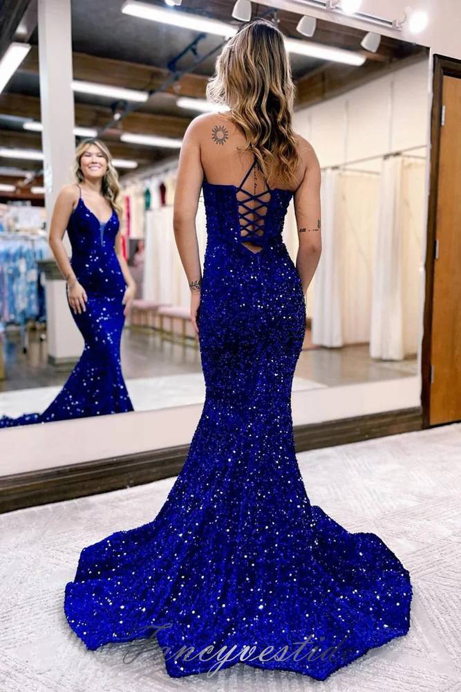 Elegant Straps Royal Blue Sequin Mermaid Prom Dress