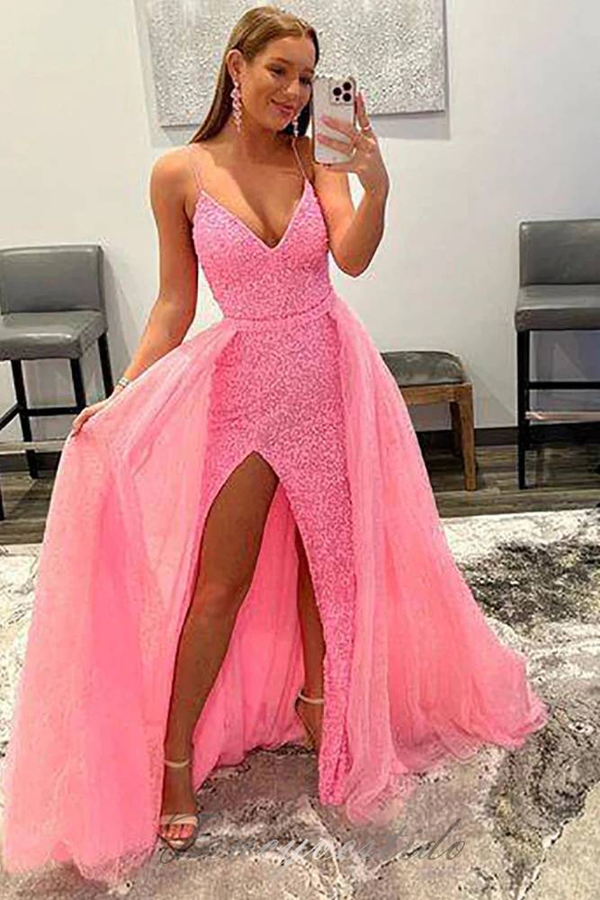 V-Neck Sequin Mermaid Prom Dress with Detachable Train