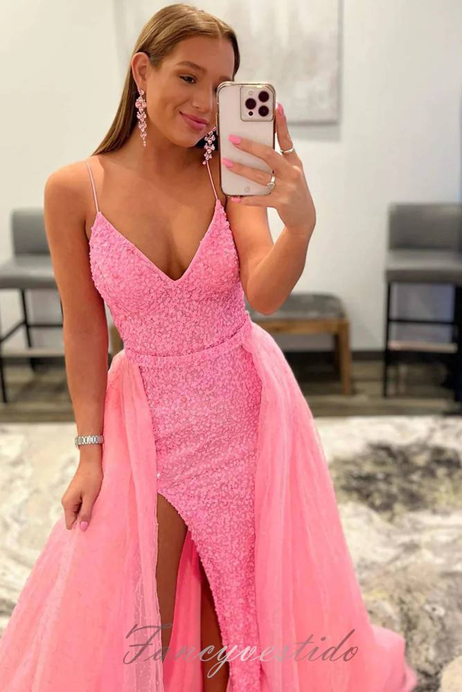 V-Neck Sequin Mermaid Prom Dress with Detachable Train