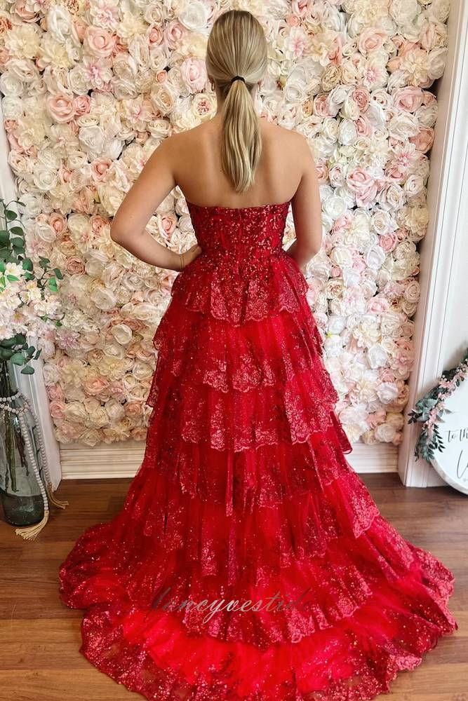 Red Strapless Sequin Applique Ruffle Prom Dress with Slit