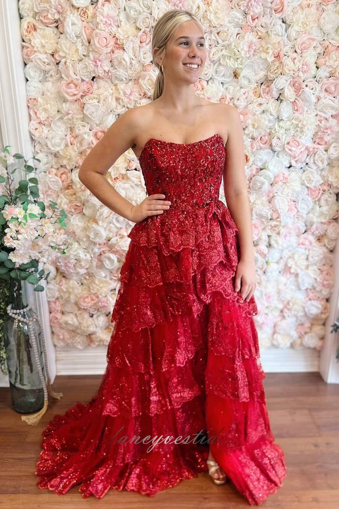 Red Strapless Sequin Applique Ruffle Prom Dress with Slit