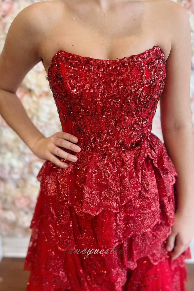 Red Strapless Sequin Applique Ruffle Prom Dress with Slit