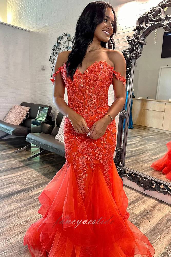 Off Shoulder Orange Applique Layered Long Mermaid Prom Dress