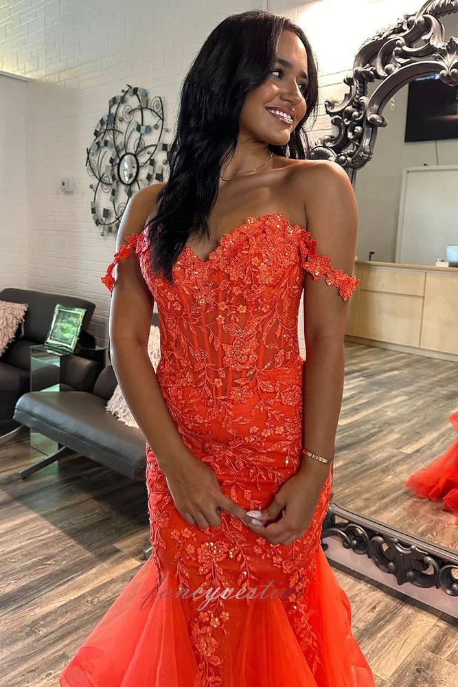 Off Shoulder Orange Applique Layered Long Mermaid Prom Dress