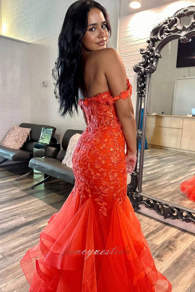 Off Shoulder Orange Applique Layered Long Mermaid Prom Dress