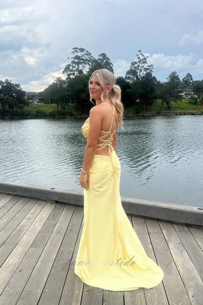 Spaghetti Straps Yellow Pleated Prom Dress with High Slit