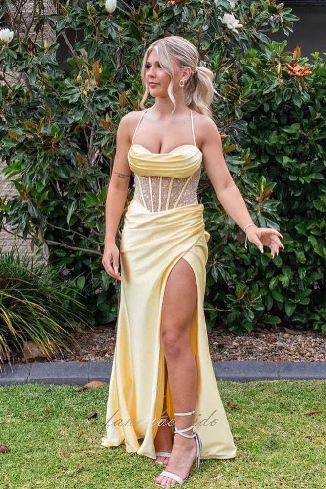 Spaghetti Straps Yellow Pleated Prom Dress with High Slit