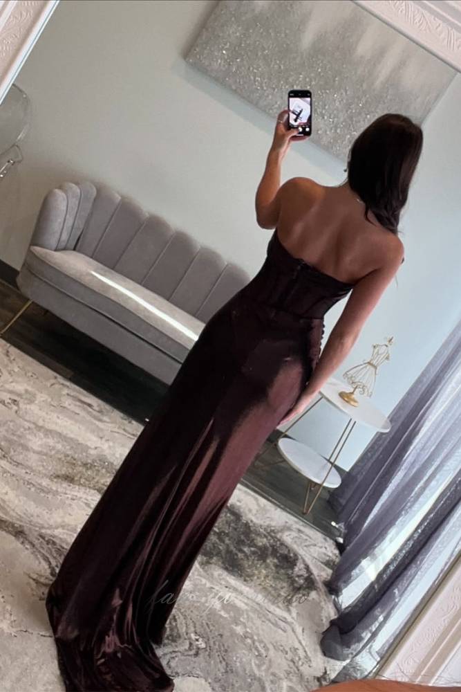 Rust Brown Strapless Bones Slit Mermaid Prom Dress 