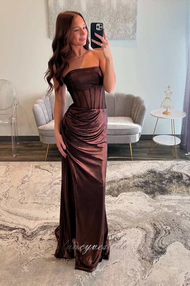 Rust Brown Strapless Bones Slit Mermaid Prom Dress 