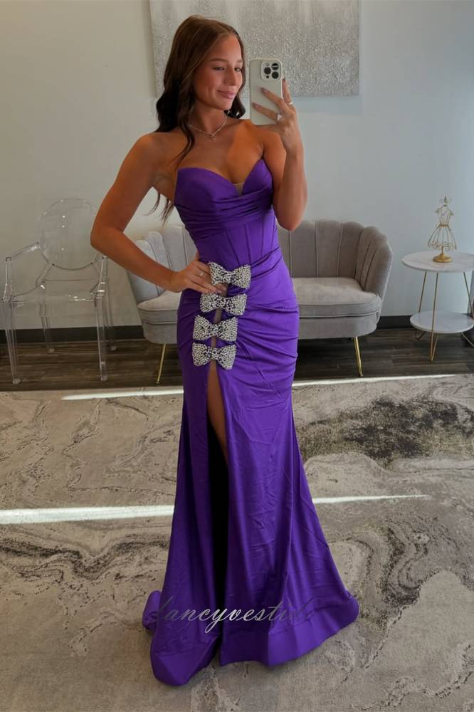 Sweetheart Purple Corset Slit Mermaid Prom Dress with Beaded Bow