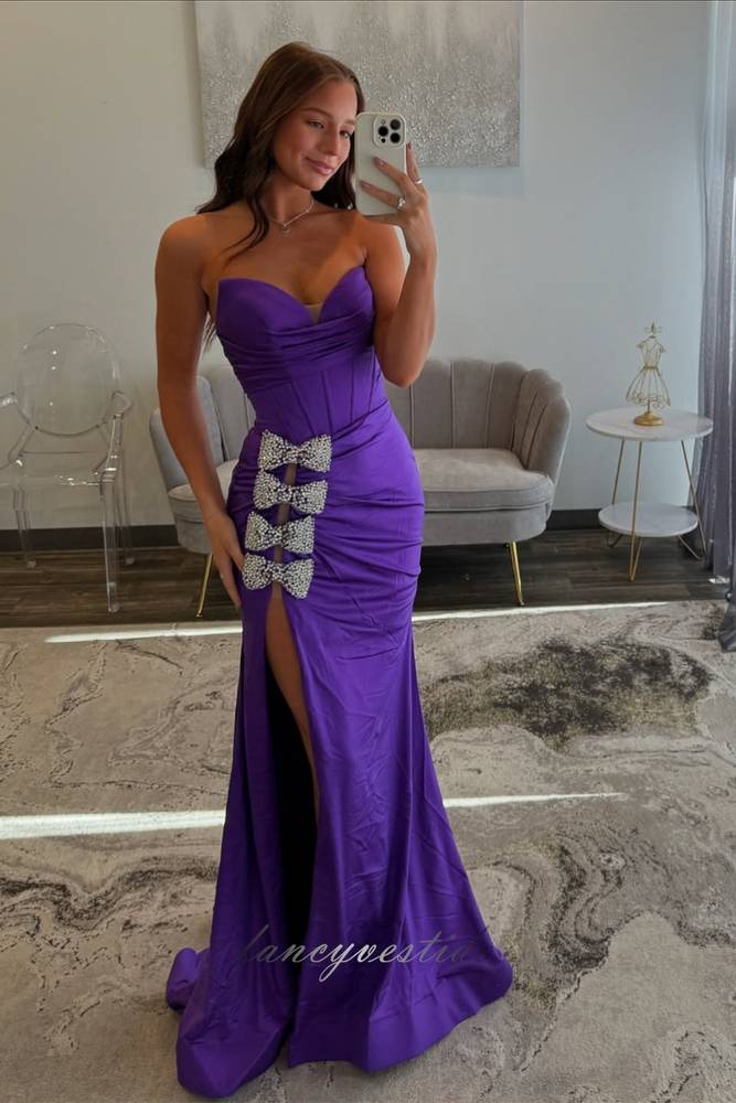 Sweetheart Purple Corset Slit Mermaid Prom Dress with Beaded Bow