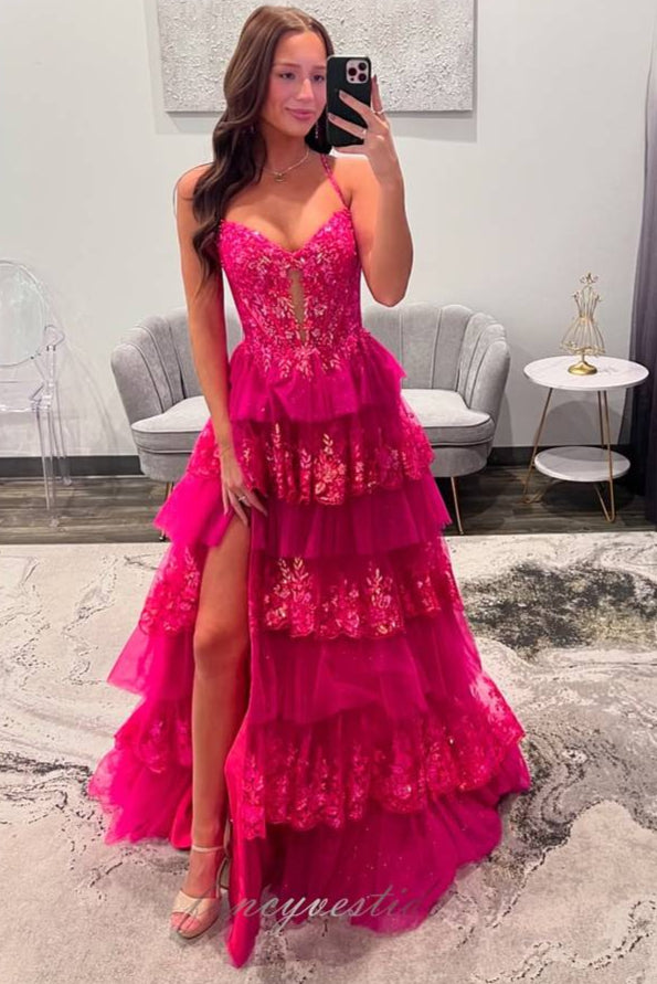 V-Neck Hot Pink Corset Applique Sequin Ruffle Prom Dress