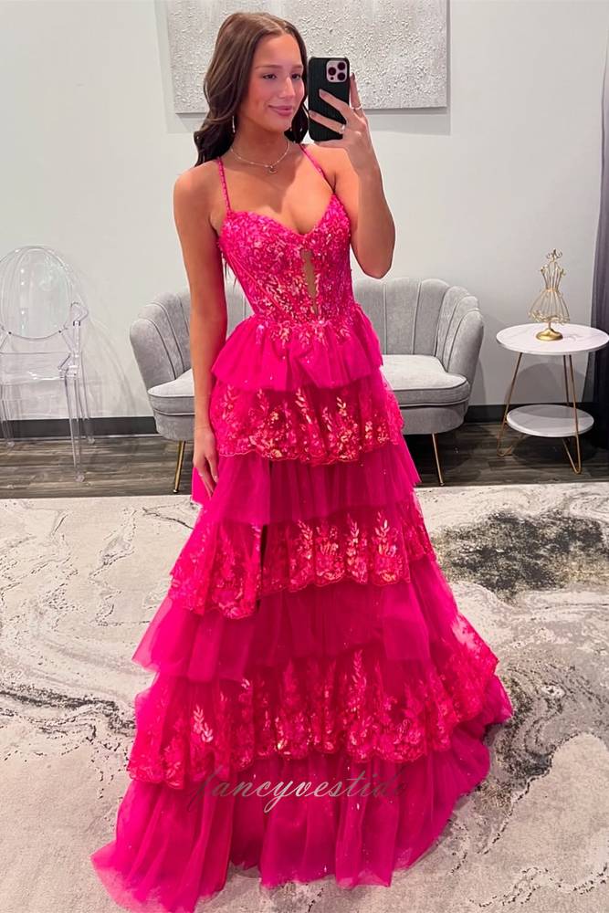 V-Neck Hot Pink Corset Applique Sequin Ruffle Prom Dress