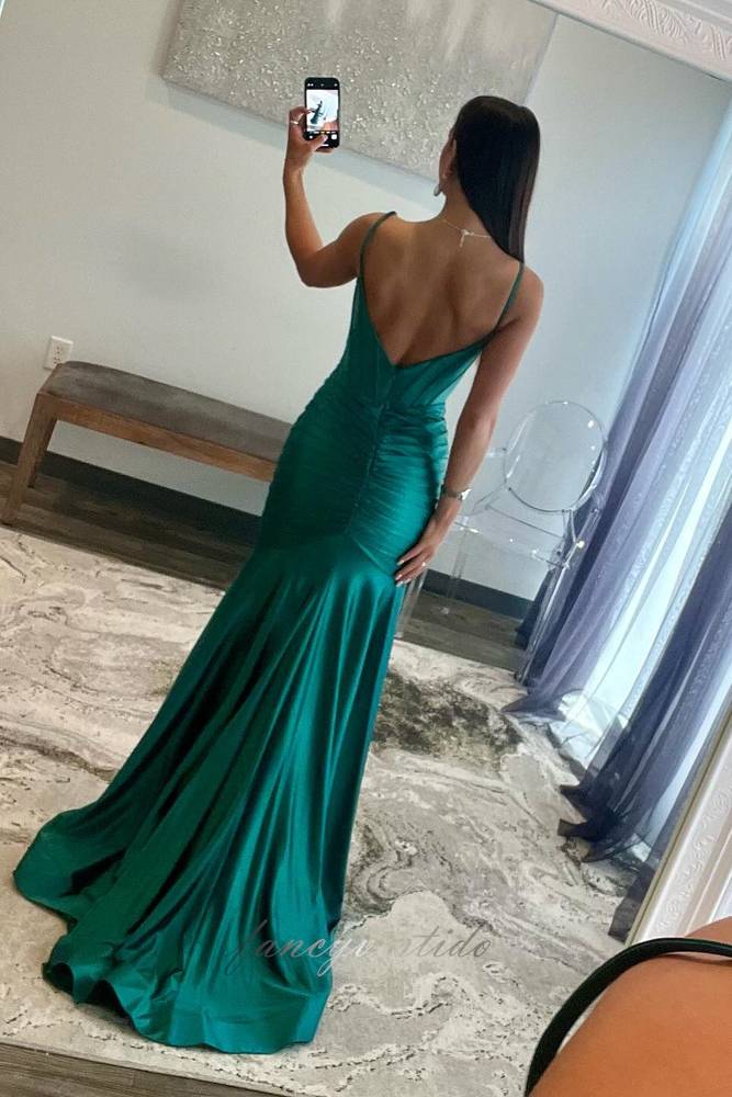 Straps Green Pleated Satin Mermaid Prom Dress with Slit