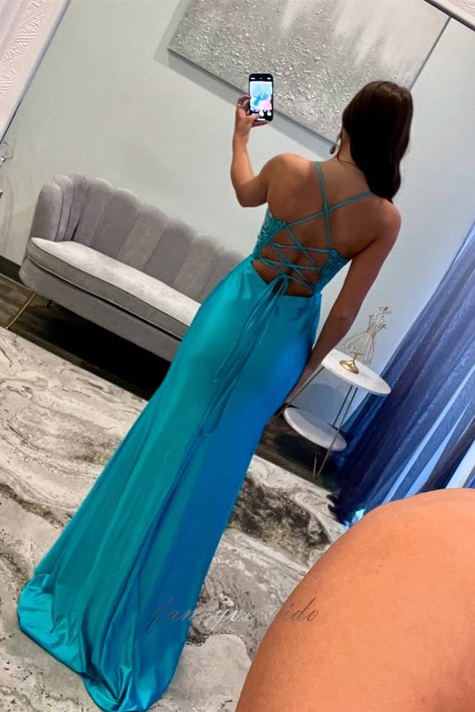 Blue Straps Applique Pleated Mermaid Prom Dress with Slit