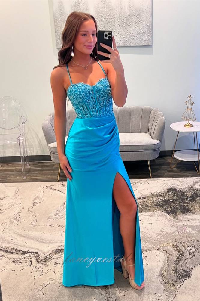 Blue Straps Applique Pleated Mermaid Prom Dress with Slit