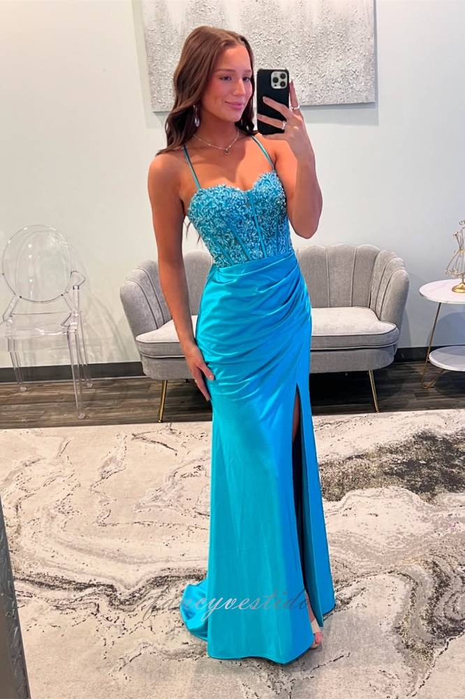 Blue Straps Applique Pleated Mermaid Prom Dress with Slit