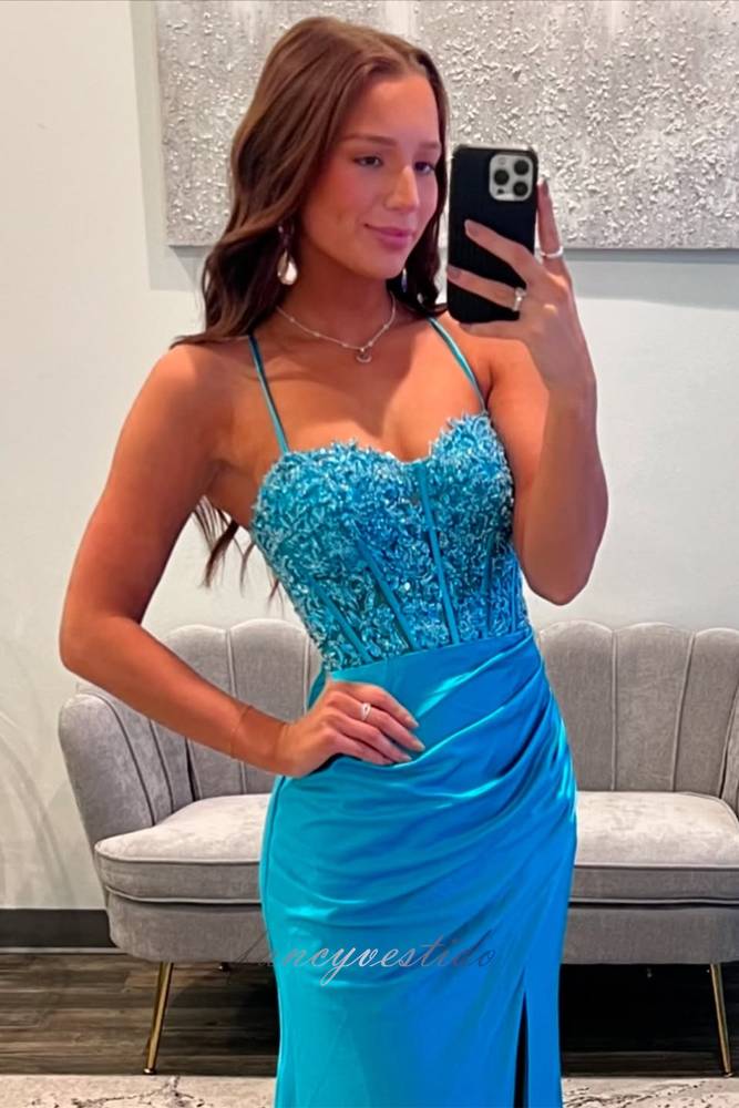 Blue Straps Applique Pleated Mermaid Prom Dress with Slit