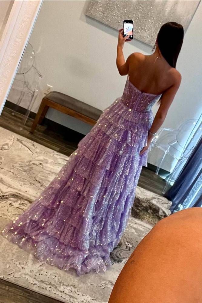 Glitter Lavender Corset Layered Tulle Prom Dress with Slit