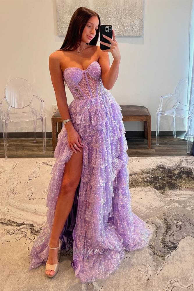 Glitter Lavender Corset Layered Tulle Prom Dress with Slit