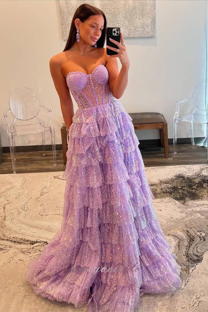 Glitter Lavender Corset Layered Tulle Prom Dress with Slit