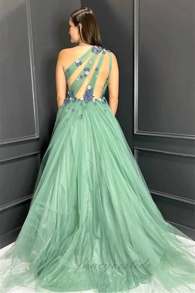 One Shoulder 3D Floral Tulle Prom Dress with Open Back