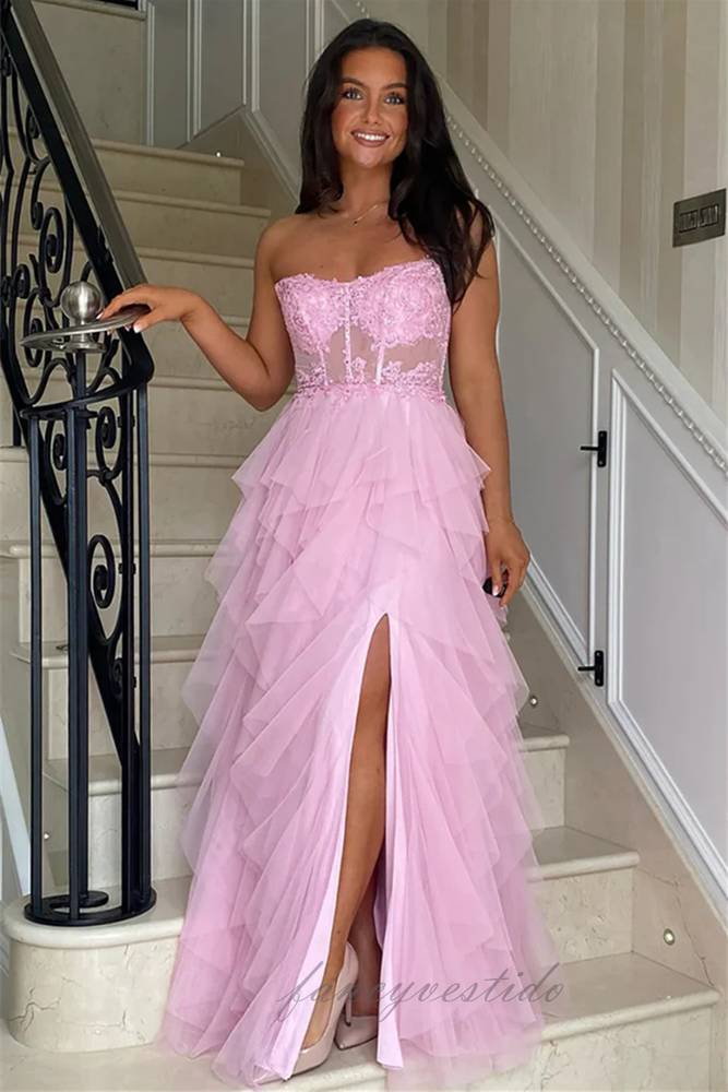 Strapless Pink Applique Layered Prom Dress with Slit