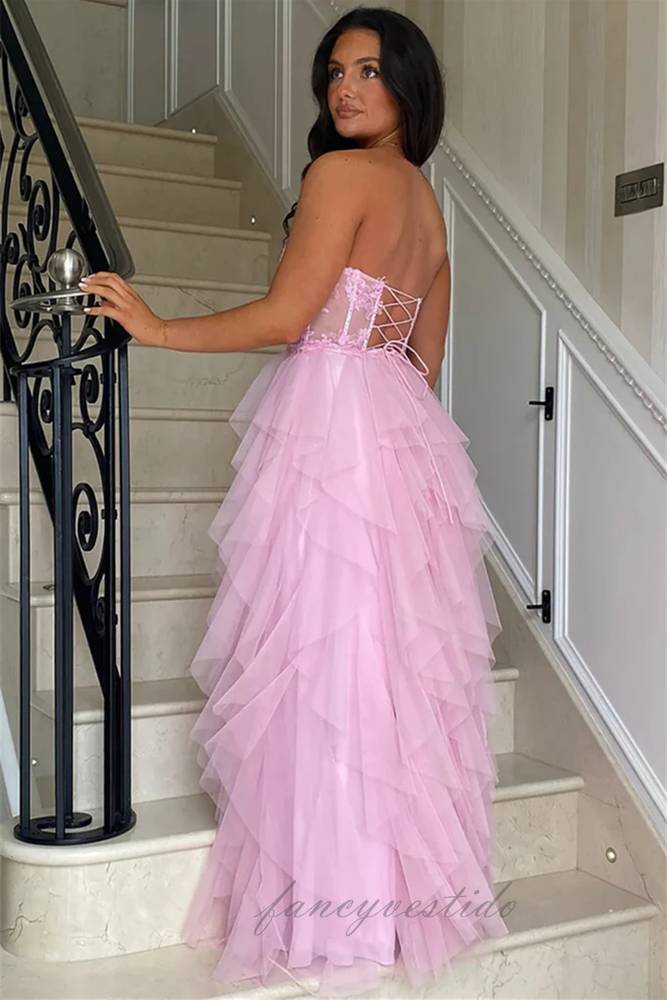 Strapless Pink Applique Layered Prom Dress with Slit