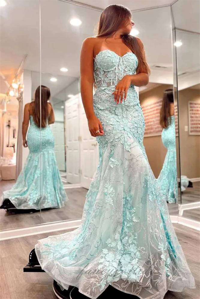 Sweetheart Baby Blue Applique Mermaid Prom Dress