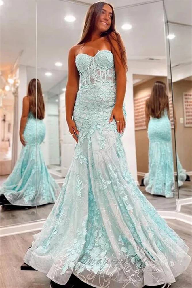 Sweetheart Baby Blue Applique Mermaid Prom Dress