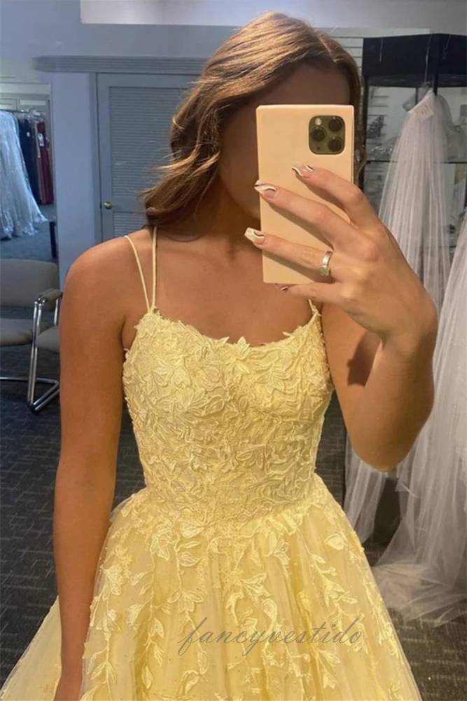 Elegant Crew Neck Yellow Applique A-Line Prom Dress