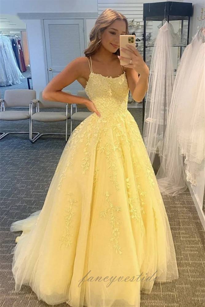 Elegant Crew Neck Yellow Applique A-Line Prom Dress