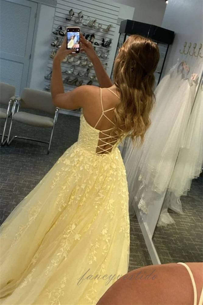 Elegant Crew Neck Yellow Applique A-Line Prom Dress