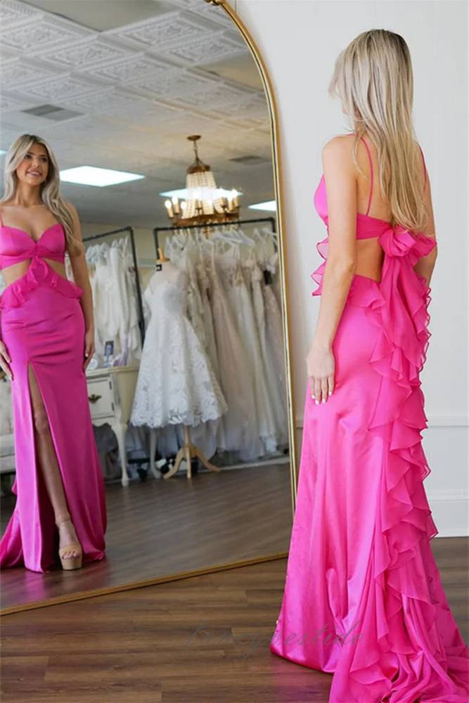 Hot Pink Cutout Ruffle Mermaid Prom Dress with Slit