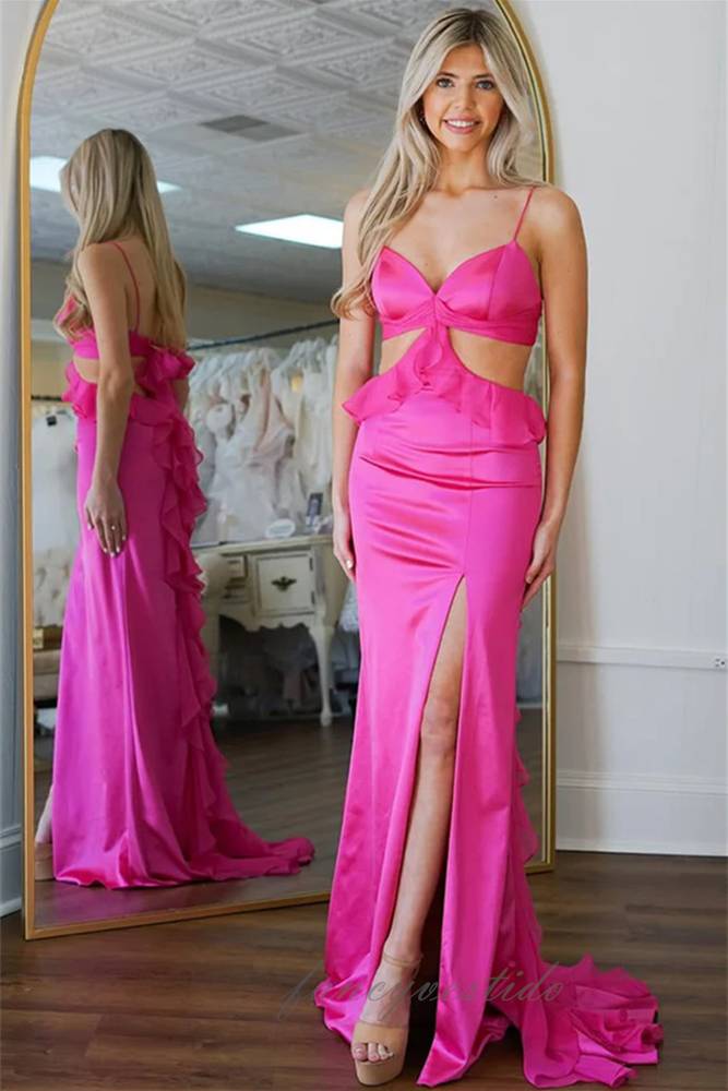 Hot Pink Cutout Ruffle Mermaid Prom Dress with Slit