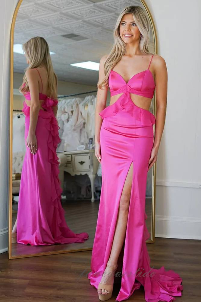 Hot Pink Cutout Ruffle Mermaid Prom Dress with Slit