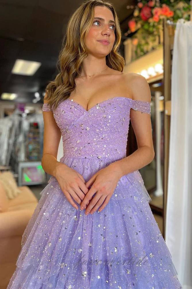 Glitter Lavender Corset Ruffle A-Line Prom Dress with Off Shoulder