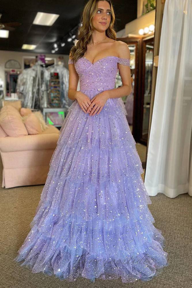 Glitter Lavender Corset Ruffle A-Line Prom Dress with Off Shoulder