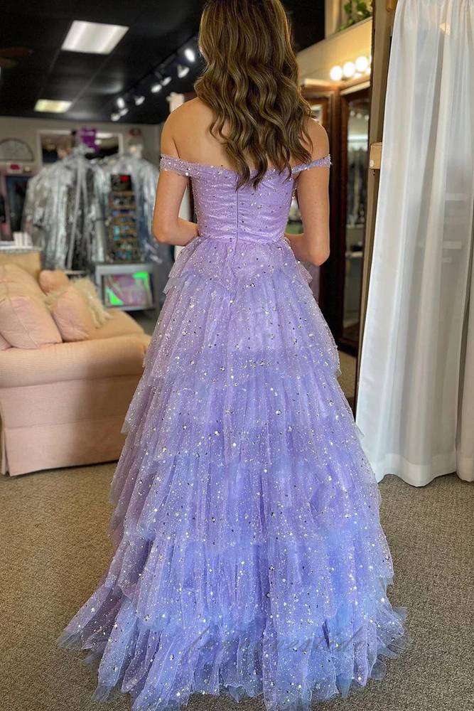 Glitter Lavender Corset Ruffle A-Line Prom Dress with Off Shoulder