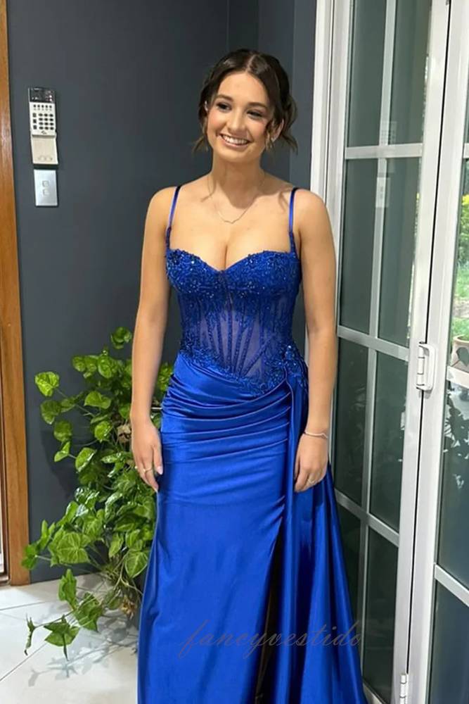 Royal Blue Straps Applique Mermaid Prom Dress with Train