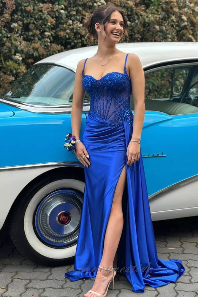 Royal Blue Straps Applique Mermaid Prom Dress with Train