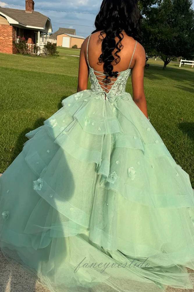 Sage Green Sweetheart Applique Tiered Tulle Prom Dress