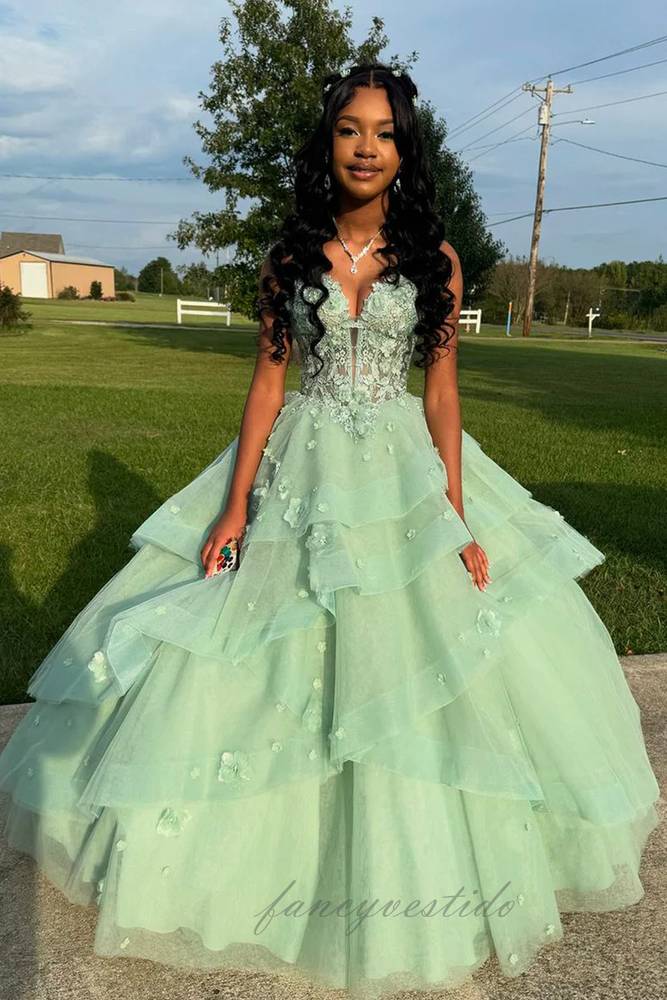 Sage Green Sweetheart Applique Tiered Tulle Prom Dress