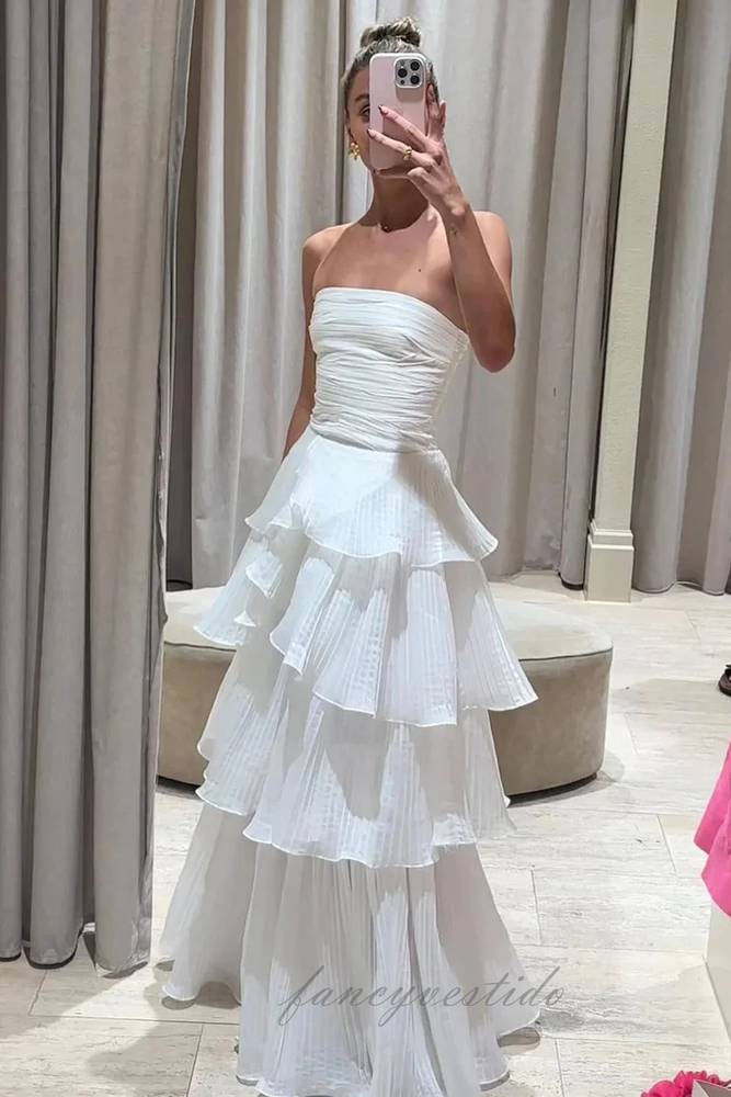 White Strapless Pleated A-Line Ruffle Prom Dress