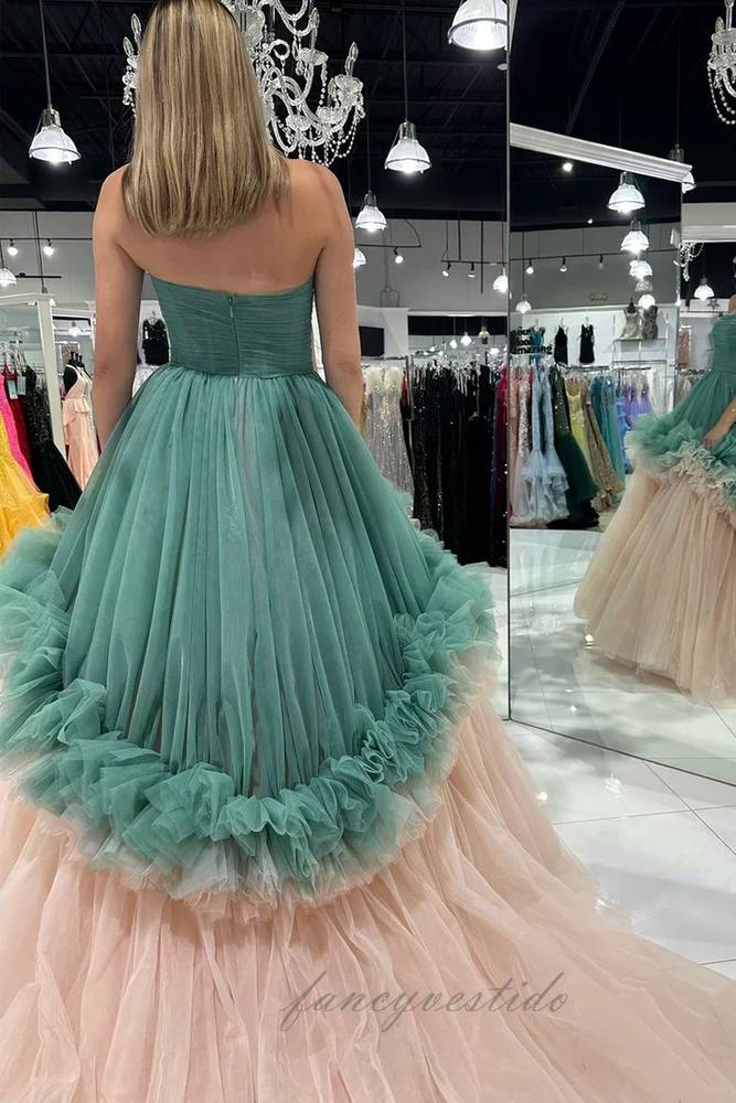 Strapless Pleated Tulle A-Line Layered Prom Dress