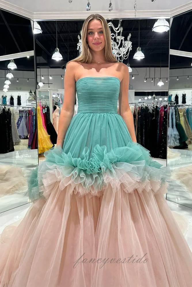 Strapless Pleated Tulle A-Line Layered Prom Dress