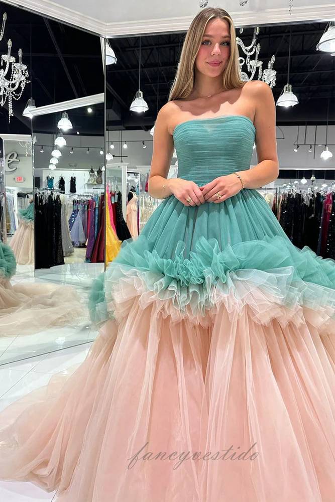 Strapless Pleated Tulle A-Line Layered Prom Dress