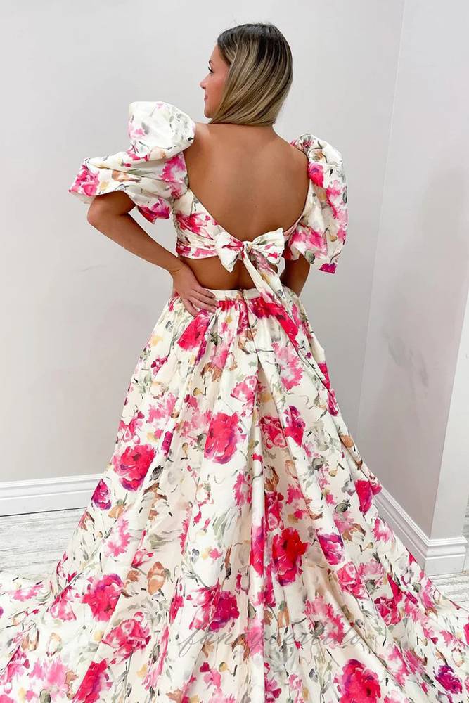 Floral Print A-Line Satin Slit Prom Dress with Puff Sleeves