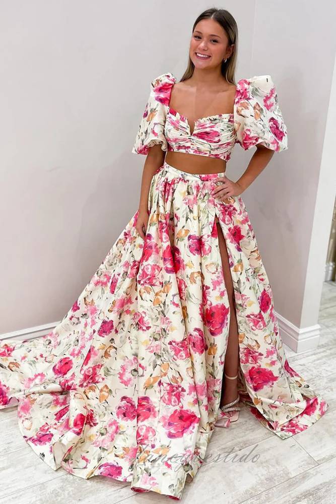 Floral Print A-Line Satin Slit Prom Dress with Puff Sleeves