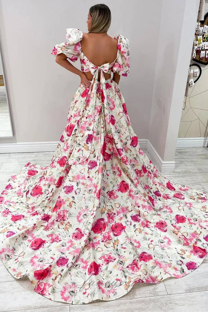 Floral Print A-Line Satin Slit Prom Dress with Puff Sleeves